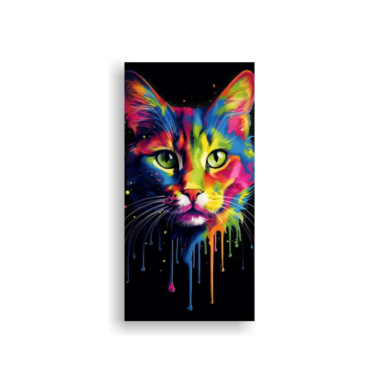 Cuadro rostro de gato de colores con salpicaduras y fondo negro