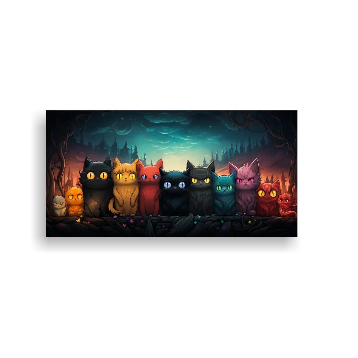 Cuadro fila de gatos de colores con ojos brillantes