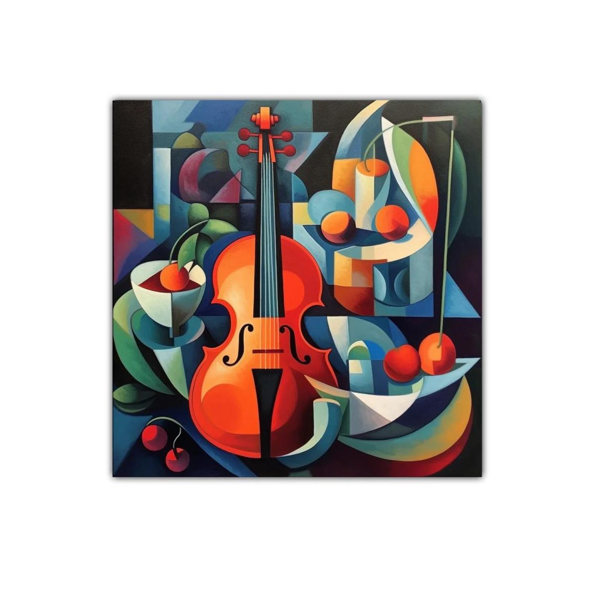 Cuadro decorativo con violín y cerezas en estilo cubista — imagen principal