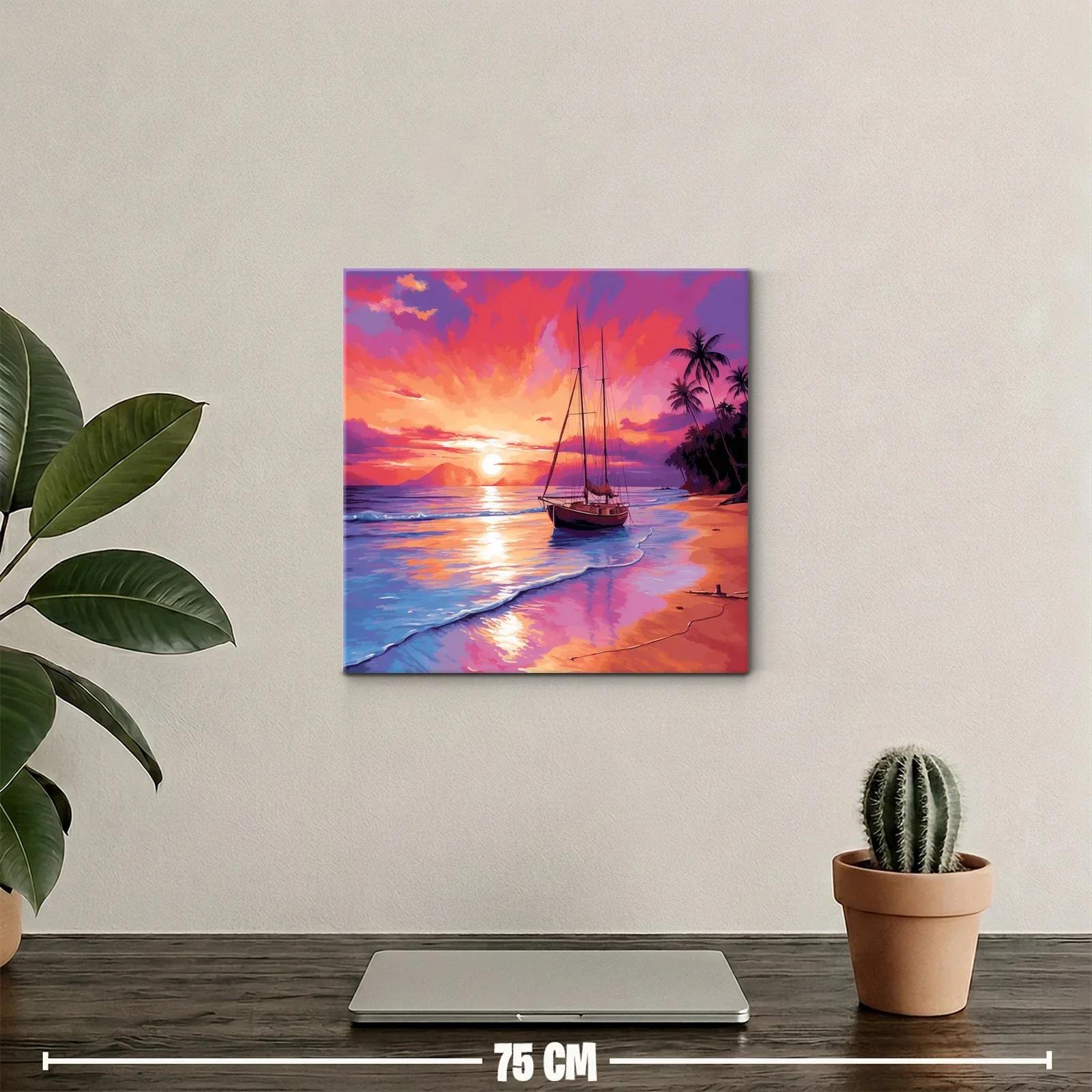 Atardecer vibrante con velero y palmeras en la playa — miniatura 2