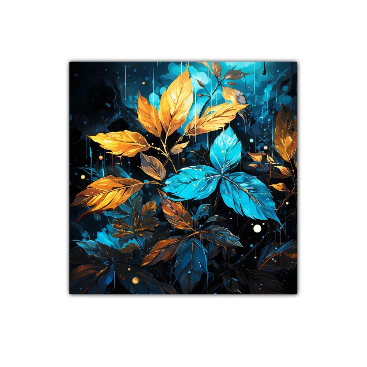 Cuadro decorativo con hojas en azul y dorado vibrante — imagen principal