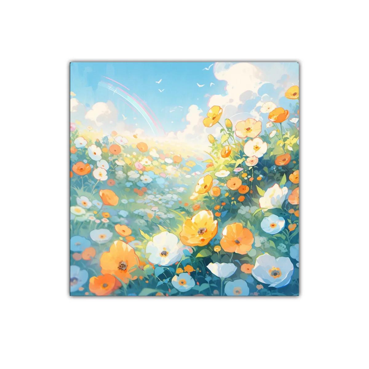 Cuadro paisaje con campo de flores y cielo azul brillante — miniatura 1