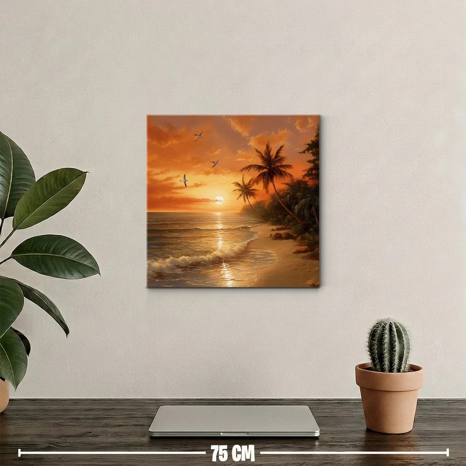 Atardecer tropical con palmeras y vuelo de aves sobre la playa — miniatura 2