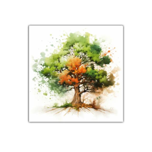 Árbol vibrante con tonos verdes y naranjas llenos de vida