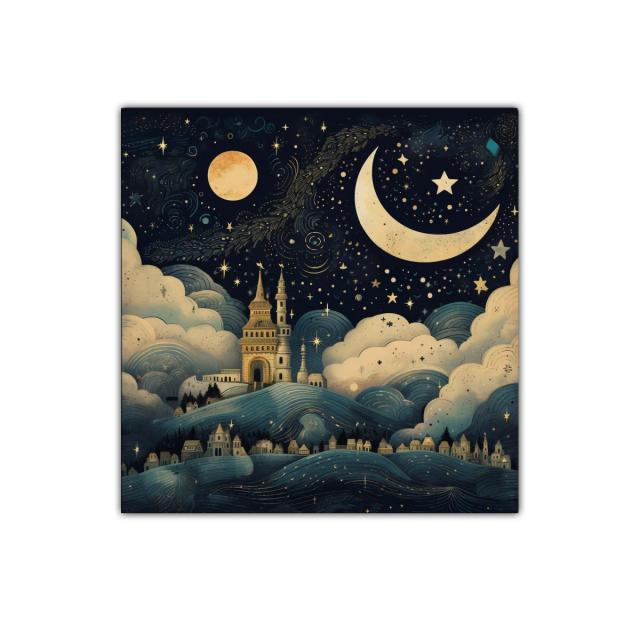 Paisaje nocturno con castillo y cielo estrellado mágico