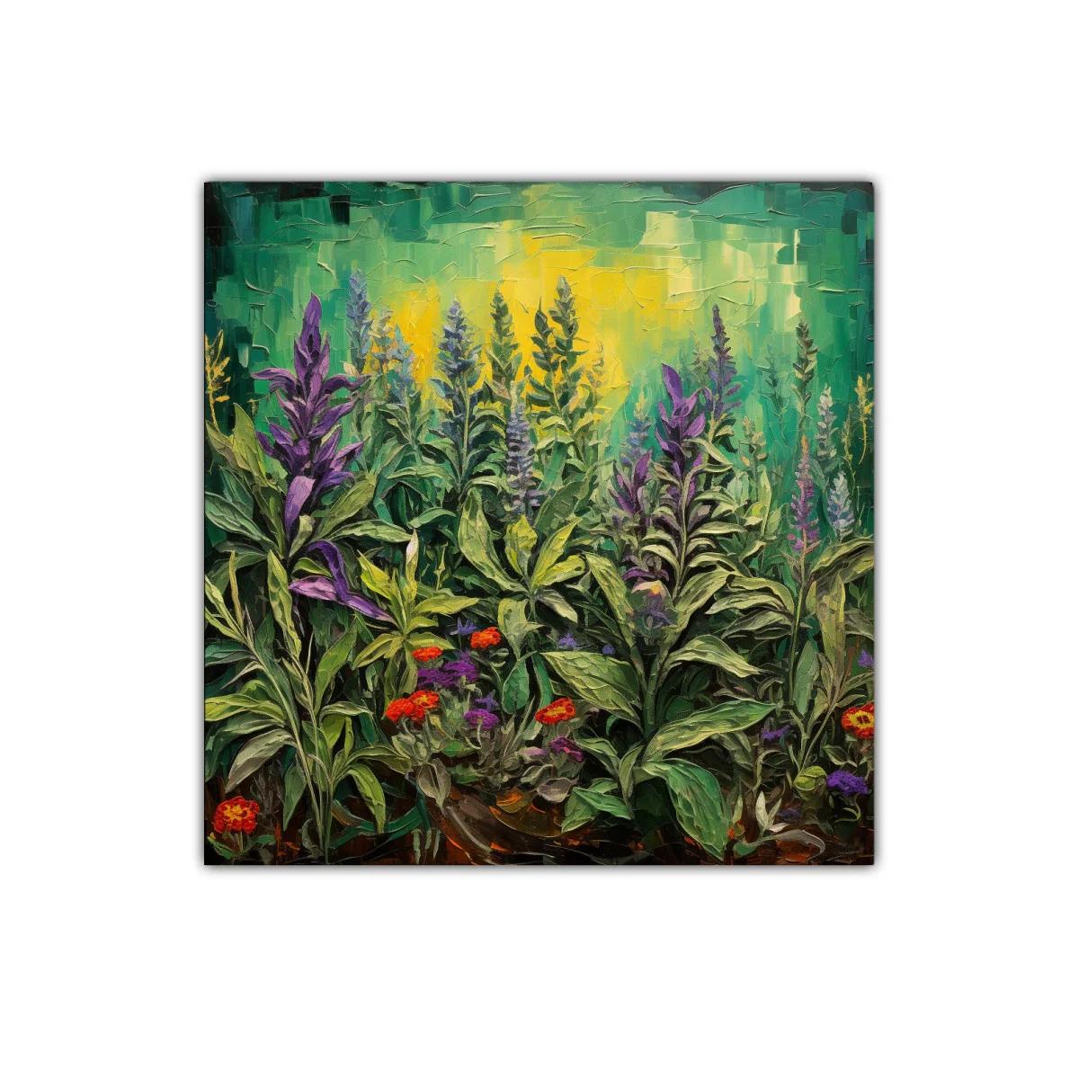 Cuadro de flores silvestres con tonos verdes y violetas — imagen principal