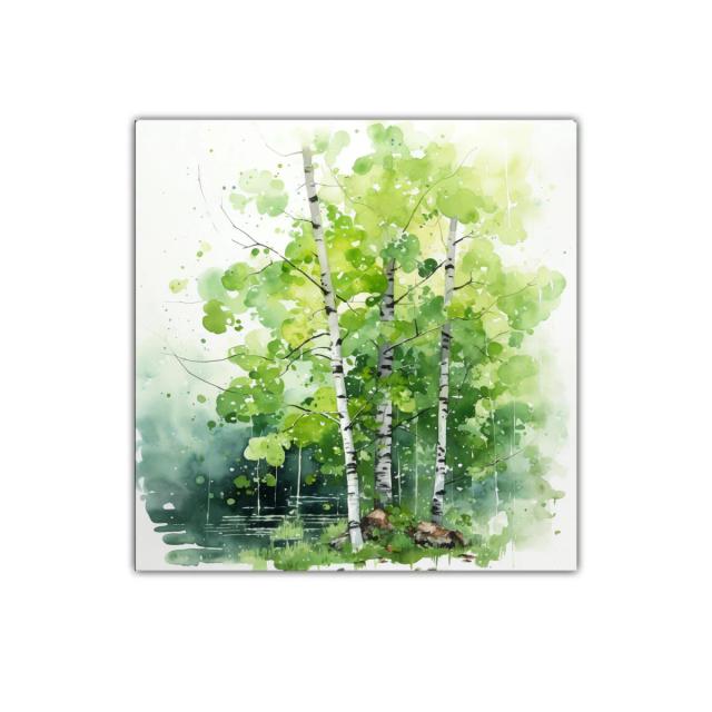 Bosque de abedules en acuarela con tonos verdes vibrantes
