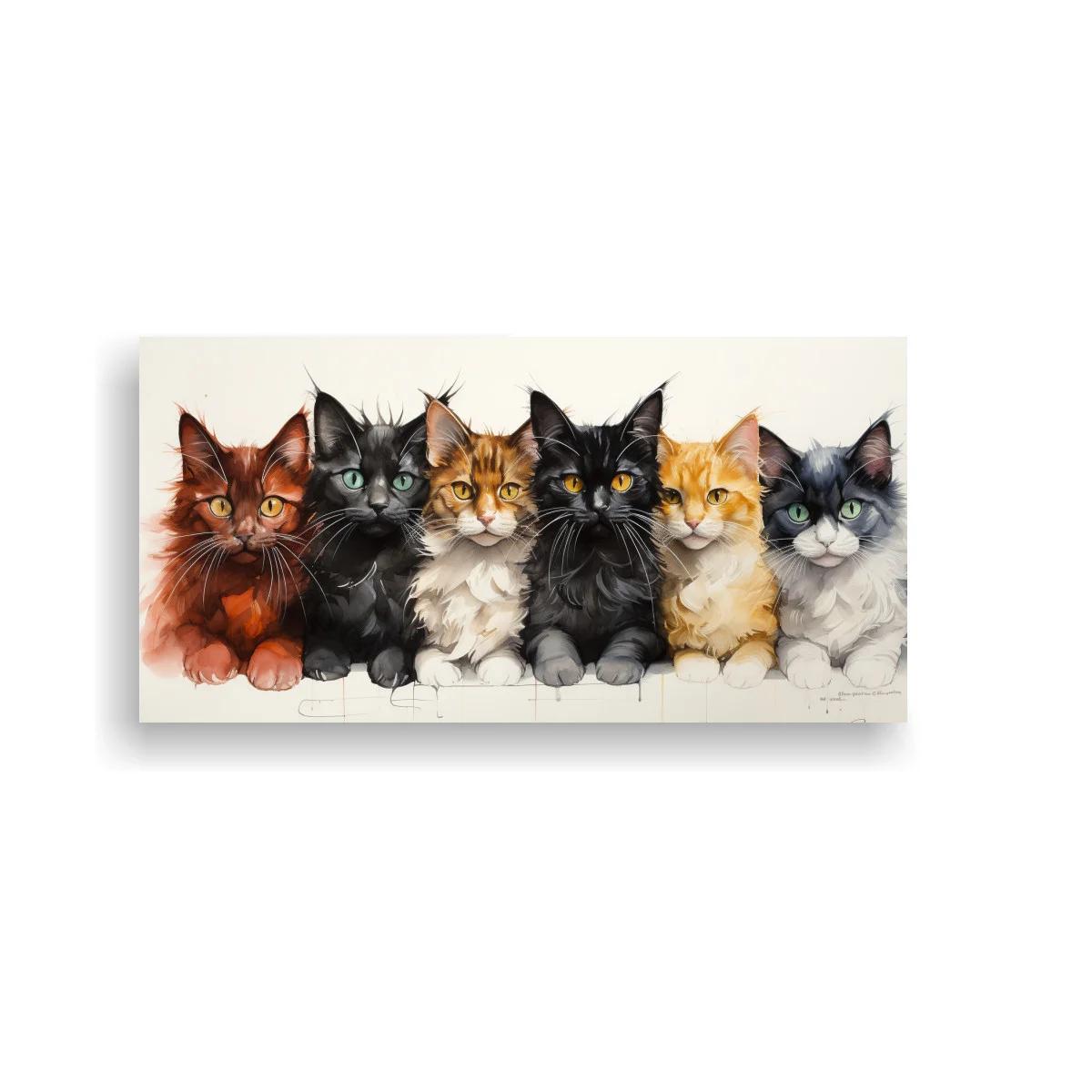 Cuadro seis gatos de pelo largo con tonos crema y negro