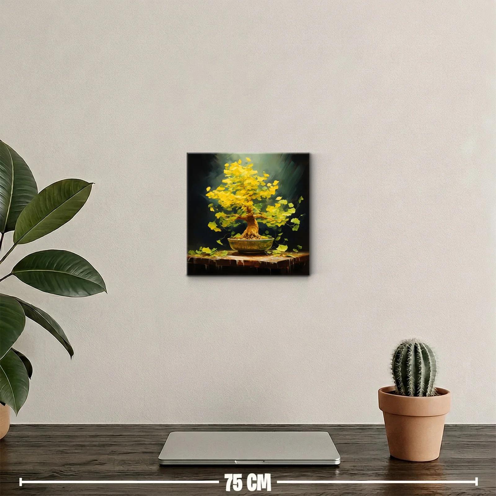 Árbol bonsái con hojas doradas vibrantes sobre mesa rústica — miniatura 2