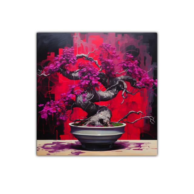 Bonsái vibrante con delicadas flores moradas sobre fondo rojo