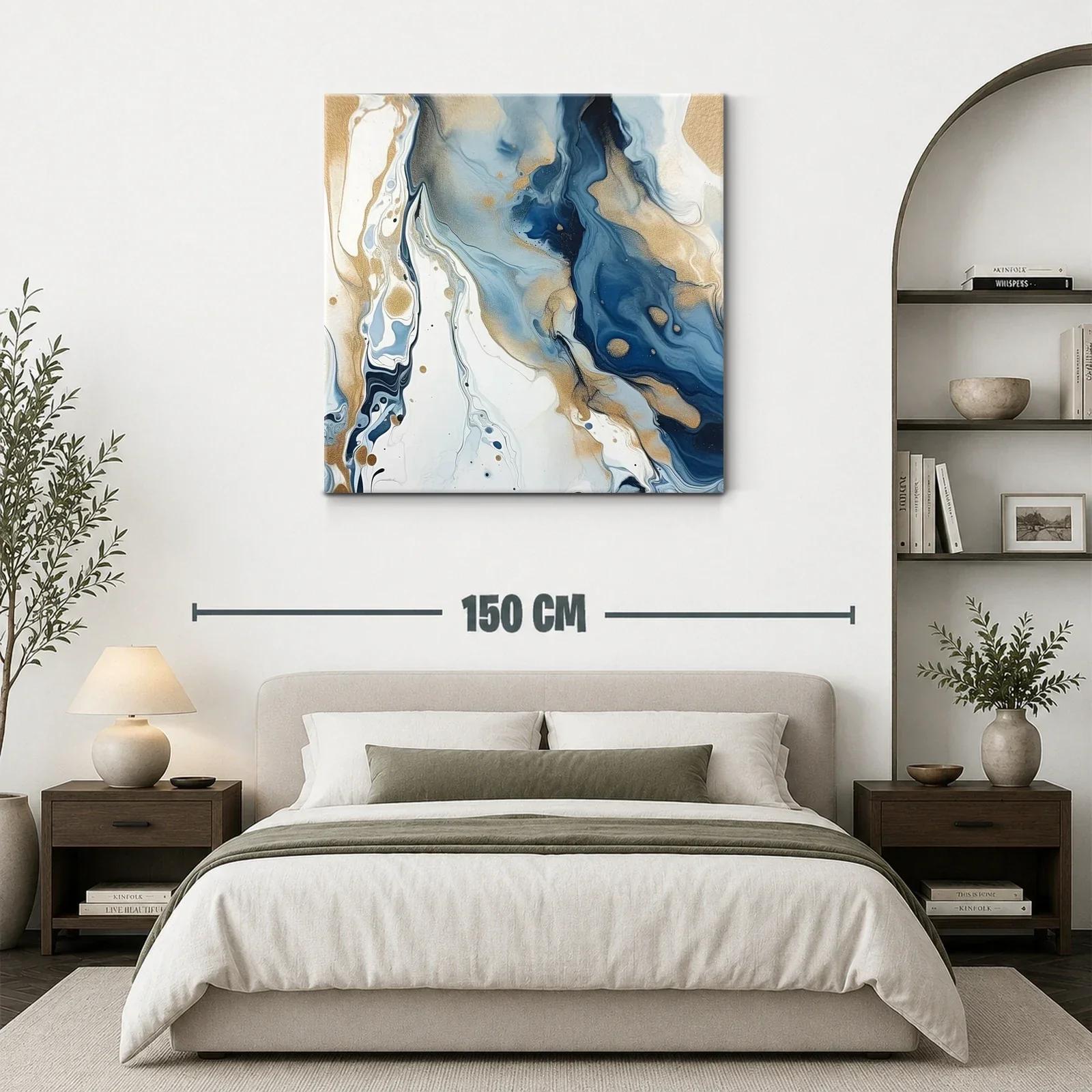Cuadro abstracto en tonos azules y dorados fluidos — miniatura 3