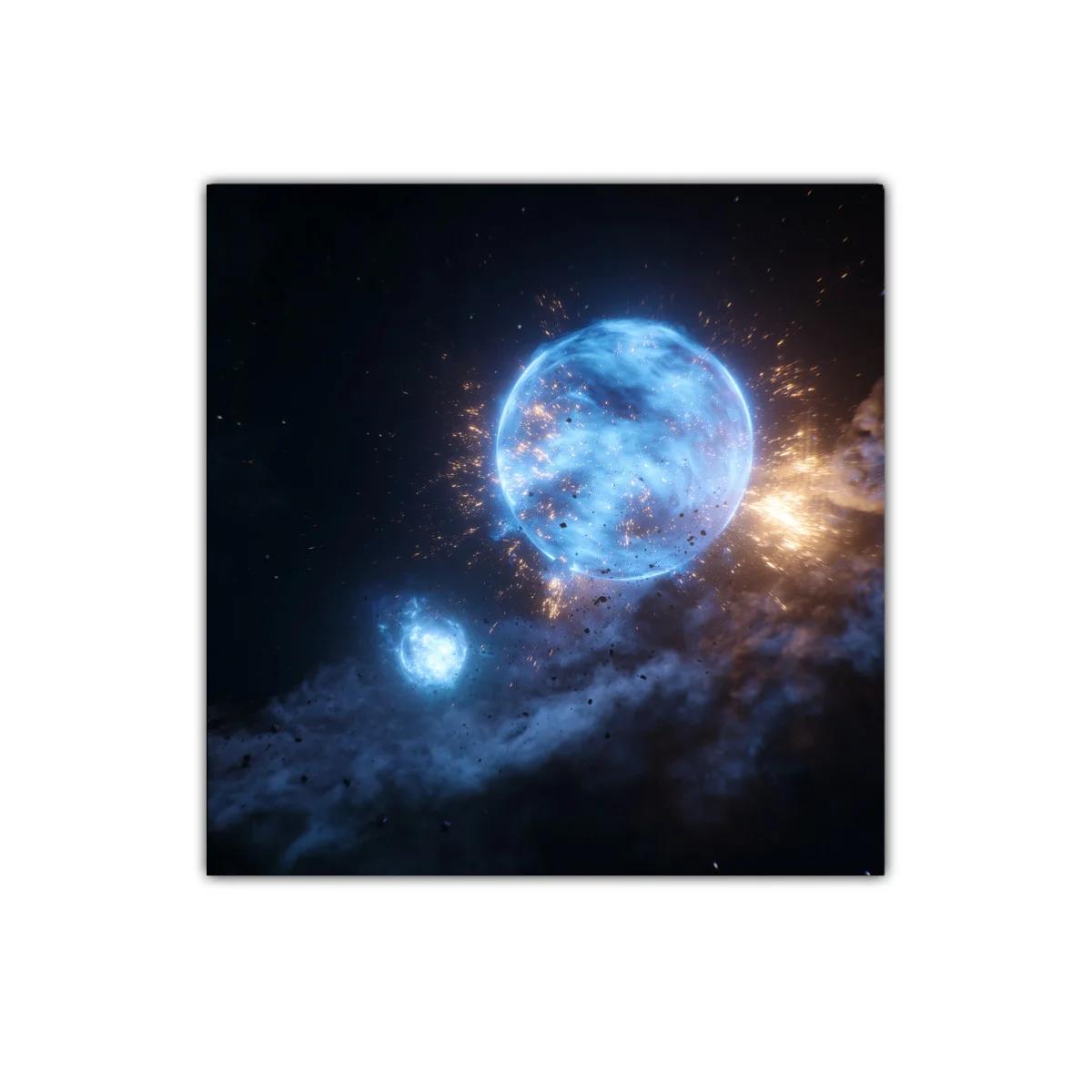 Cuadro Galaxia en Explosión Cósmica Azul y Dorada