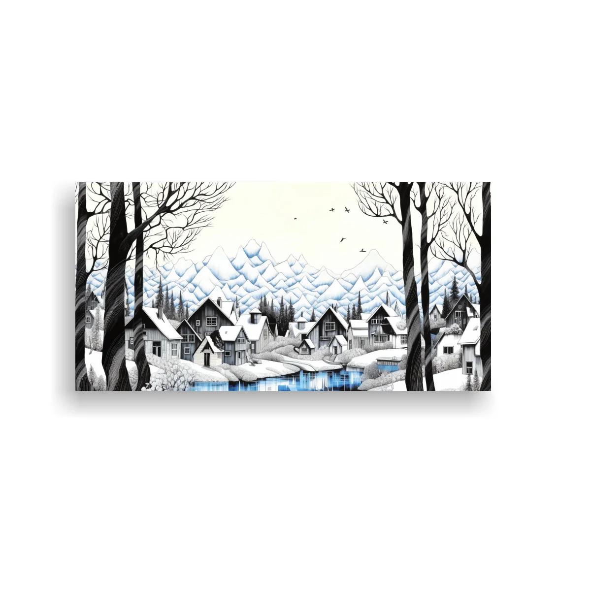 Cuadro pueblo nevado con casas alpinas