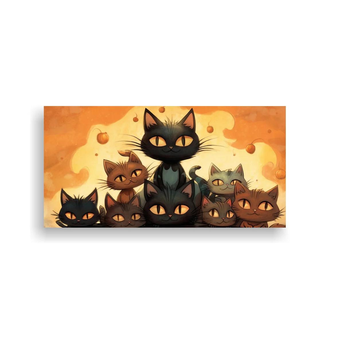 Cuadro grupo de gatos negros y atigrados sobre fondo cálido