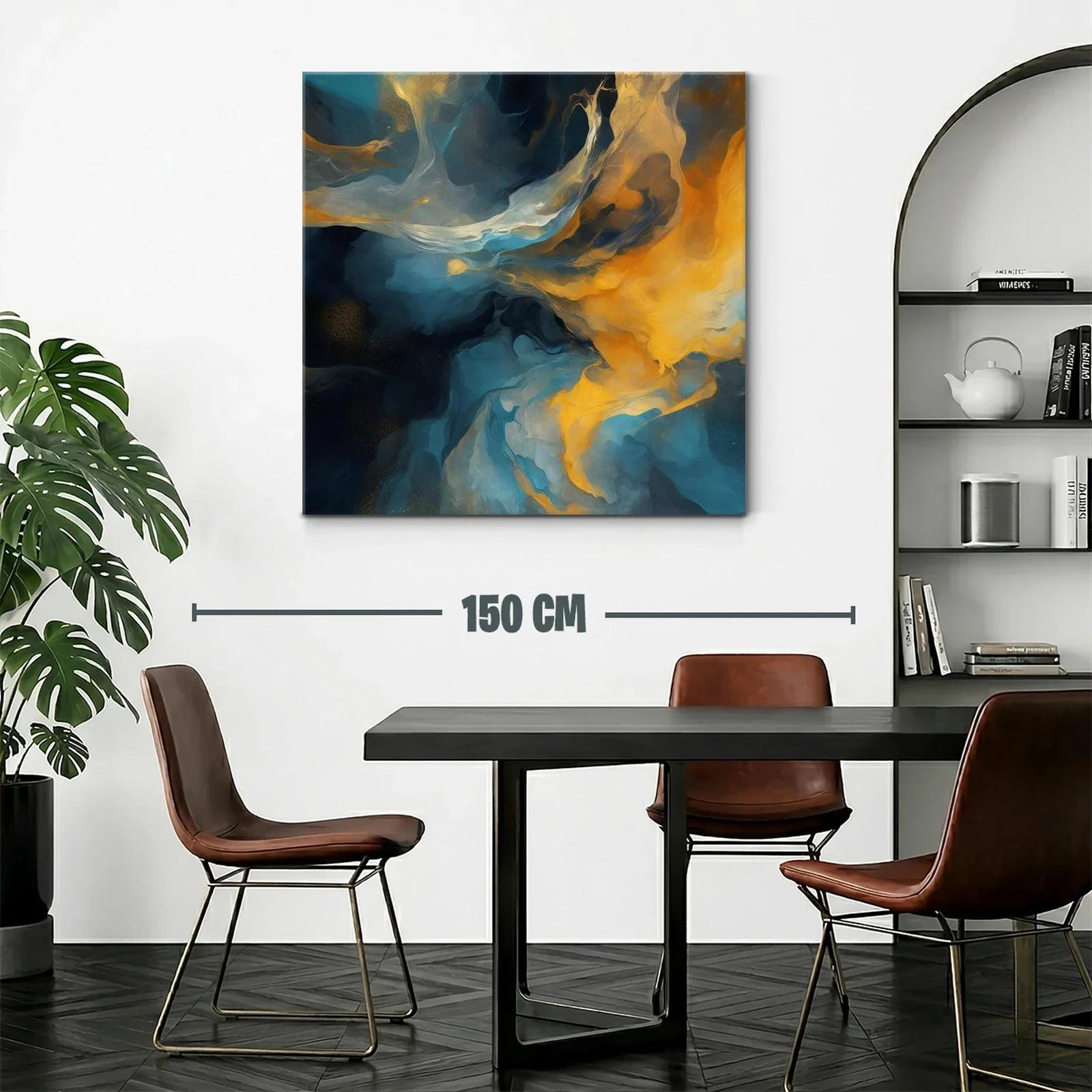 Cuadro abstracto con tonos azules y dorados vibrantes — miniatura 2
