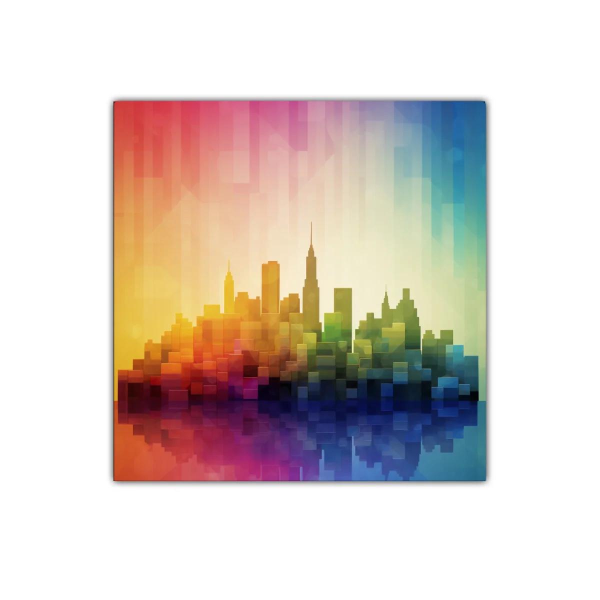Ciudad abstracta multicolor con efecto pixelado vibrante