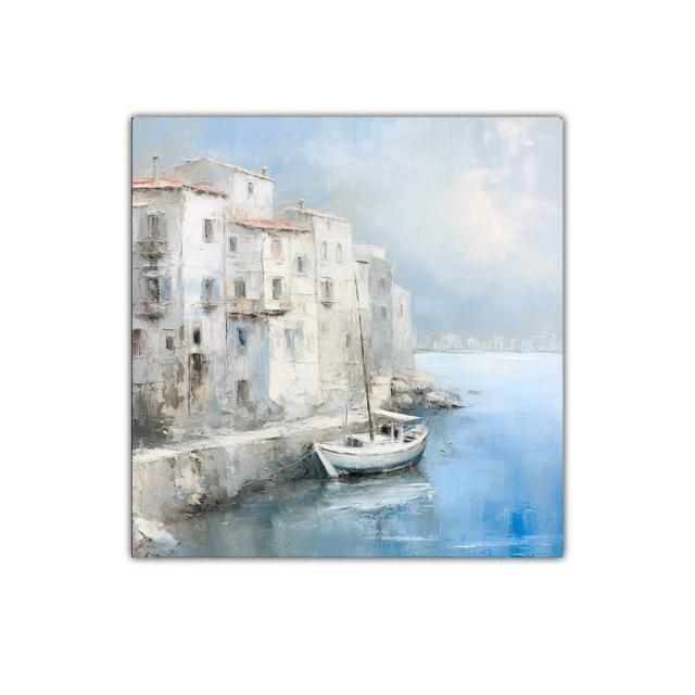 Paisaje costero sereno con barco y edificaciones antiguas