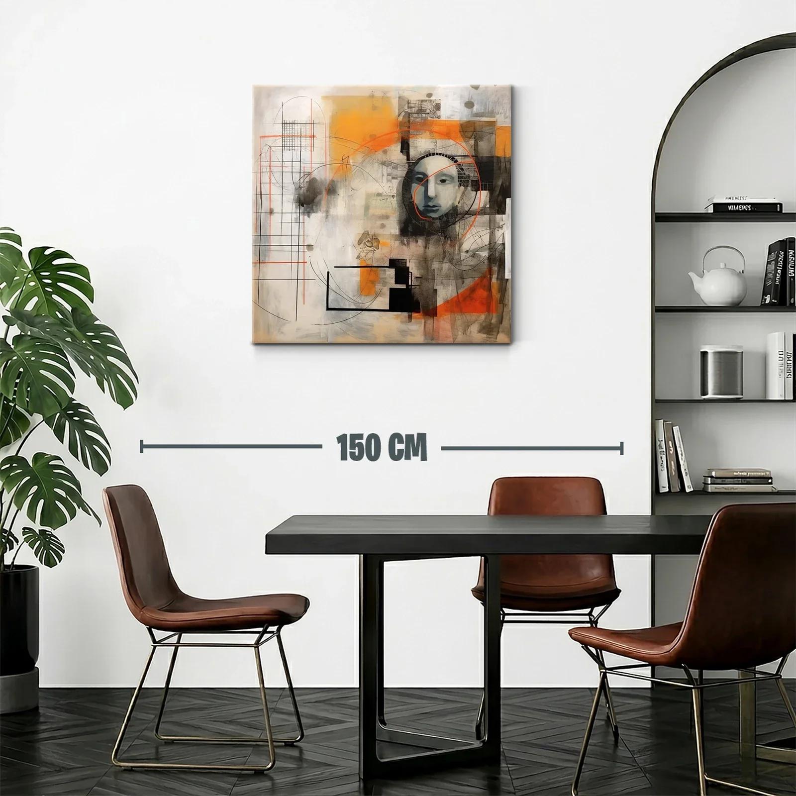 Cuadro abstracto con rostro y formas geométricas naranja y negro — miniatura 2