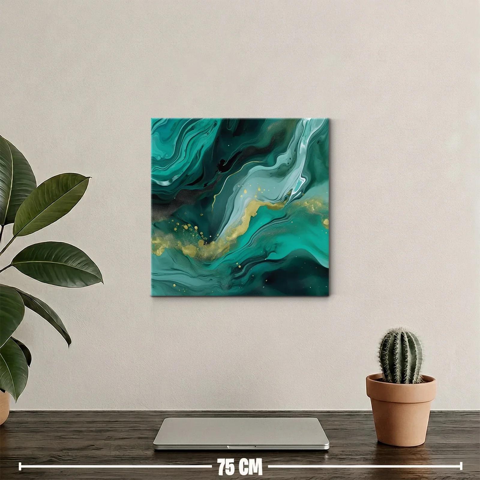 Cuadro abstracto en tonos verdes con detalles dorados — miniatura 2