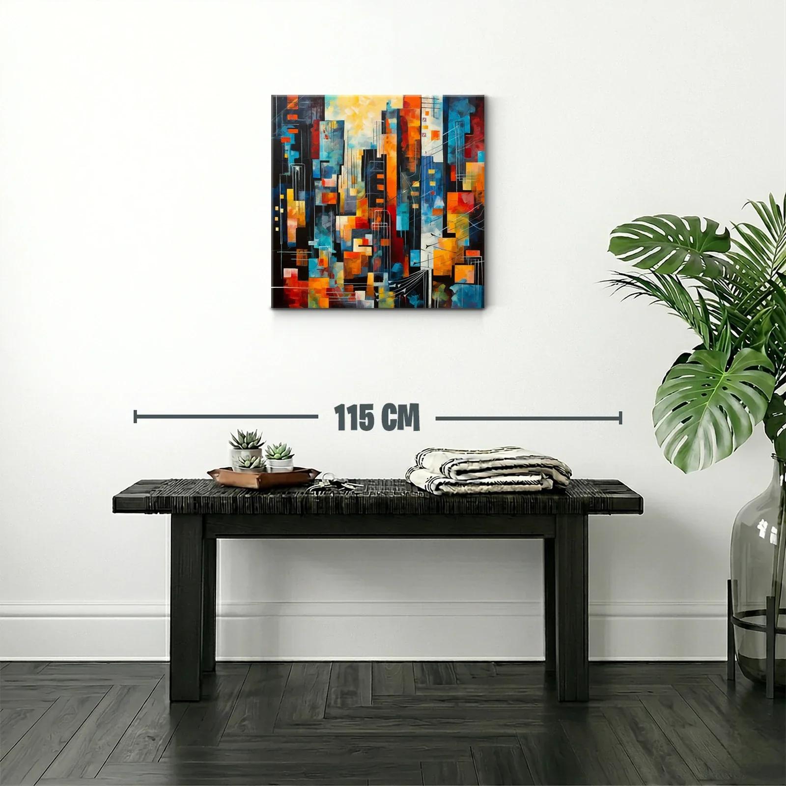 Cuadro abstracto con vibrante ciudad en tonos cálidos y fríos — miniatura 2