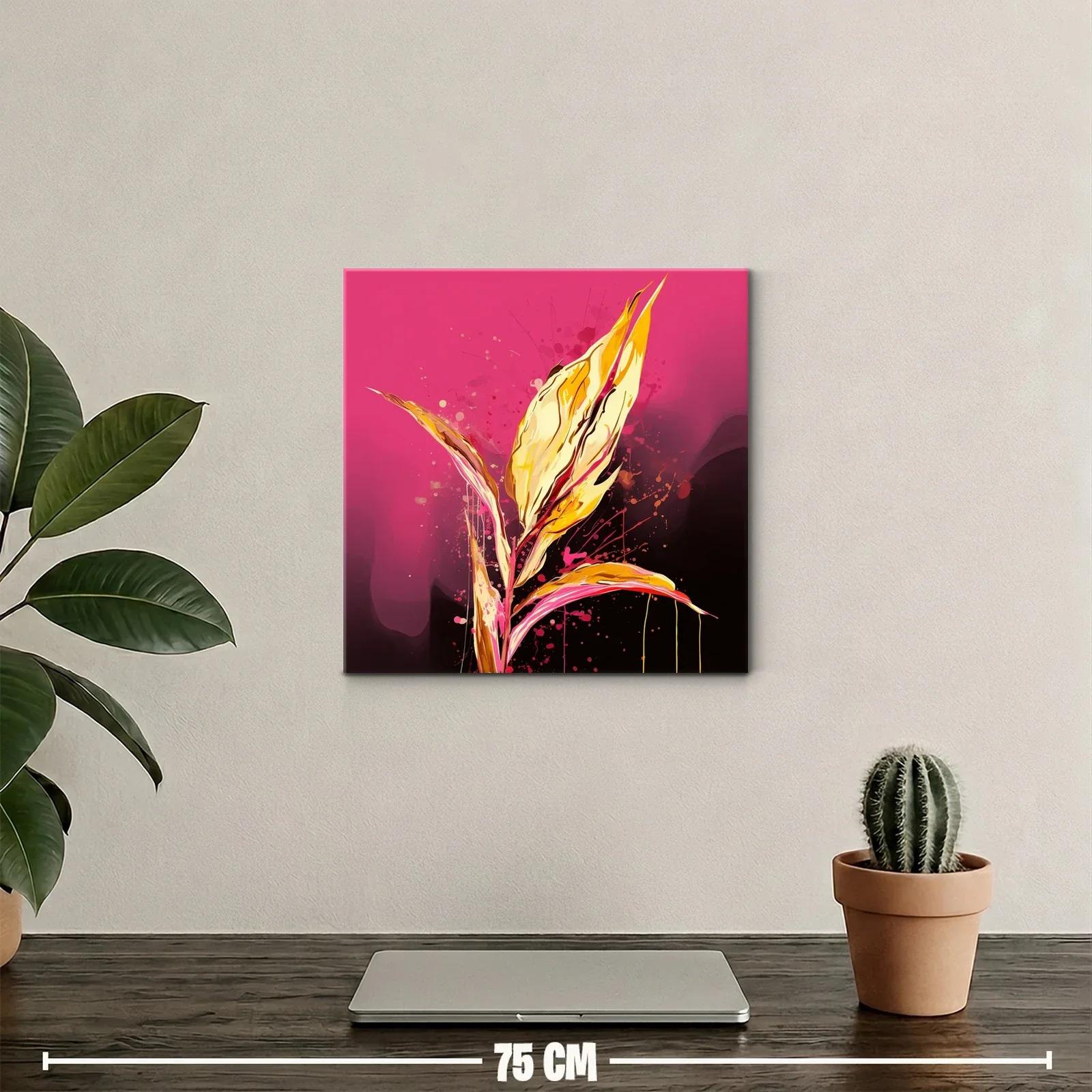Cuadro abstracto con hojas vibrantes en tonos dorados y rosa — miniatura 2