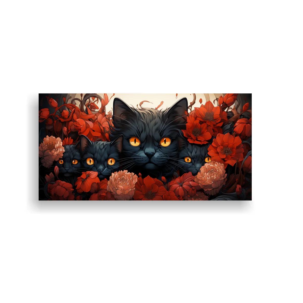 Cuadro tres gatos negros entre flores rojas y rosadas — imagen principal