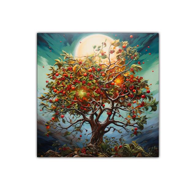 Árbol exuberante con frutos rojos y luz radiante