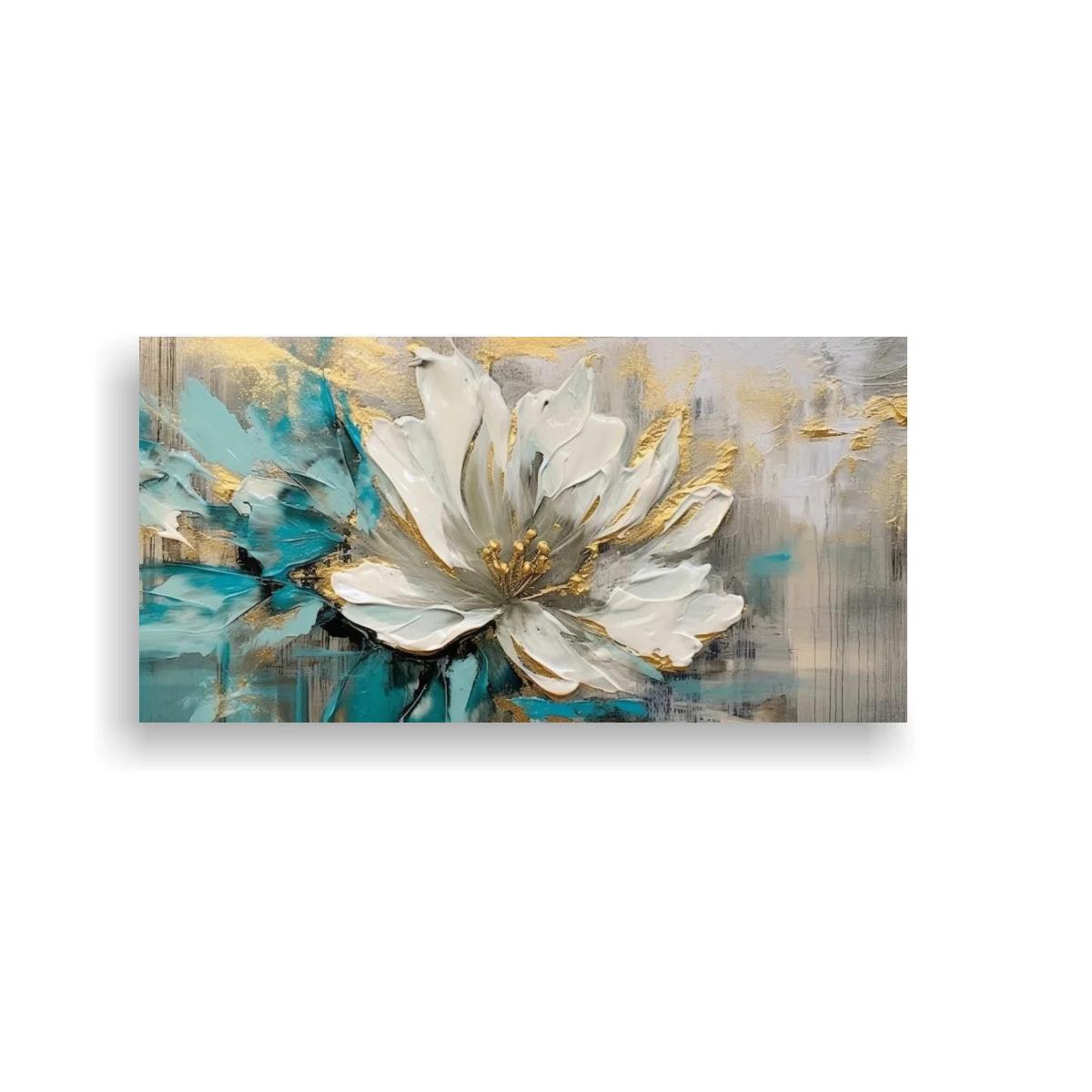 Cuadro flor de loto blanca con manchas turquesa