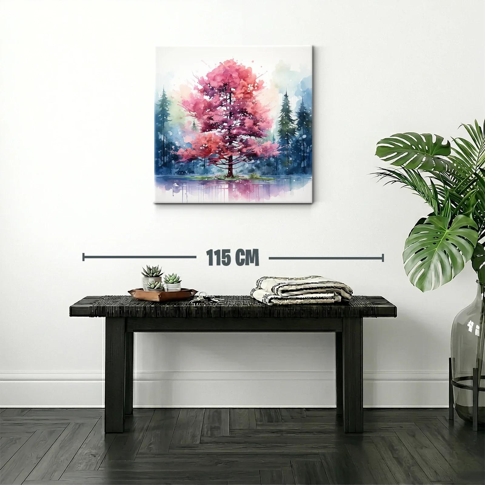Árbol rosa en lago con fondo de pinos azules y verdes — miniatura 2