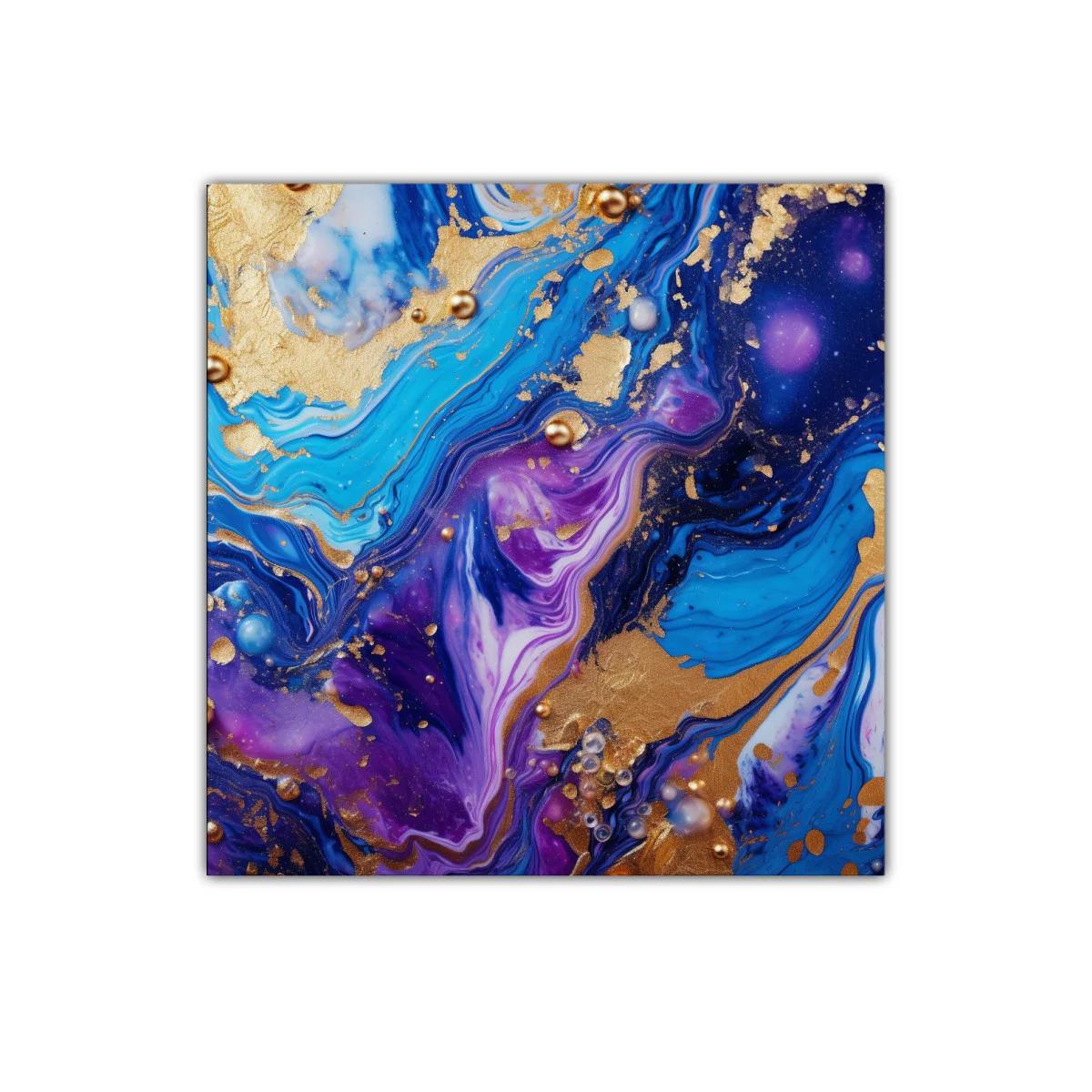 Cuadro decorativo con vibrantes formas abstractas en oro y azul