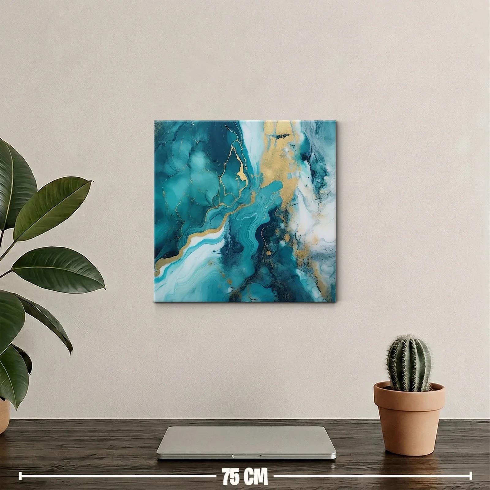 Cuadro abstracto con tonos turquesa y dorado — miniatura 2