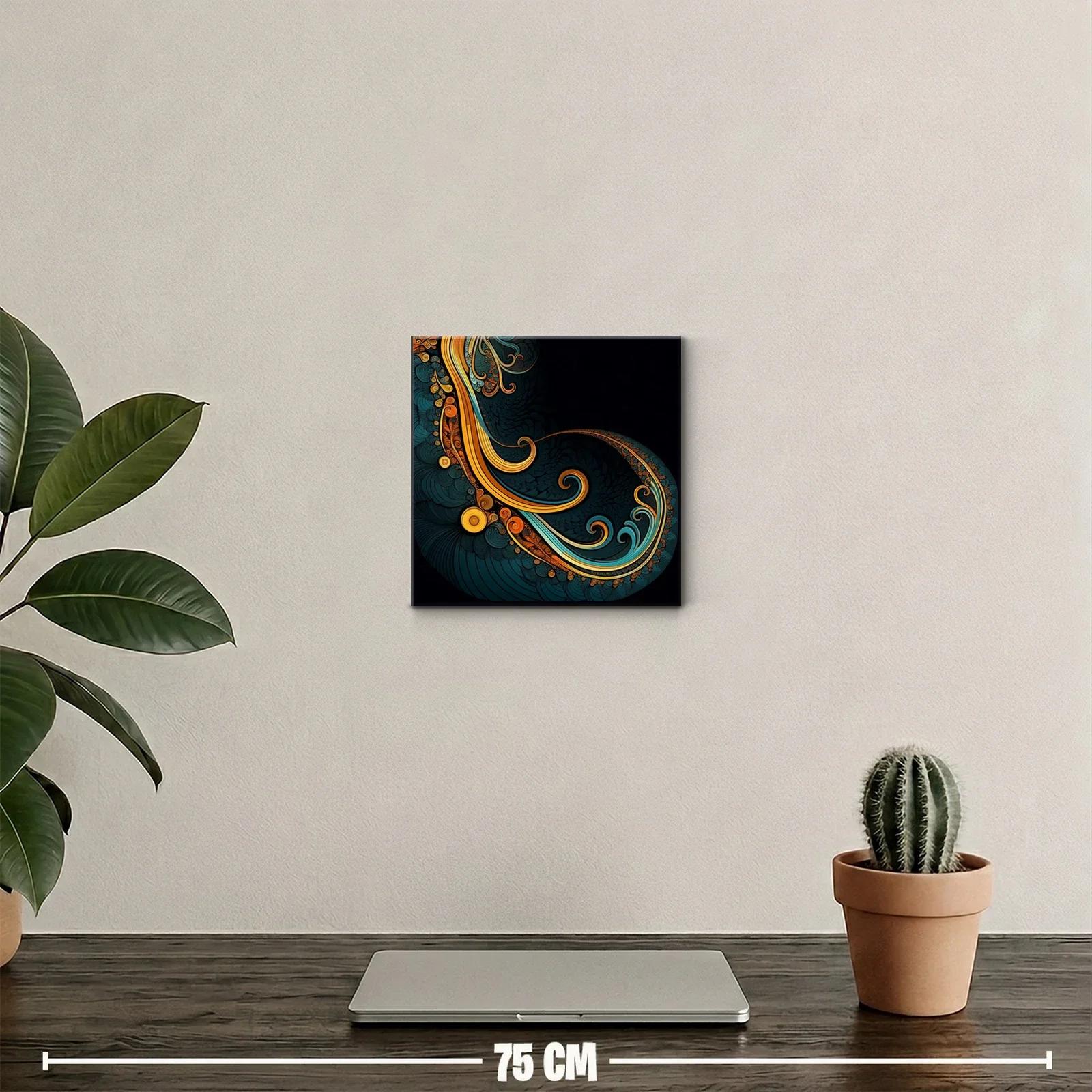 Cuadro abstracto con formas onduladas en tonos cálidos y azulados — miniatura 2
