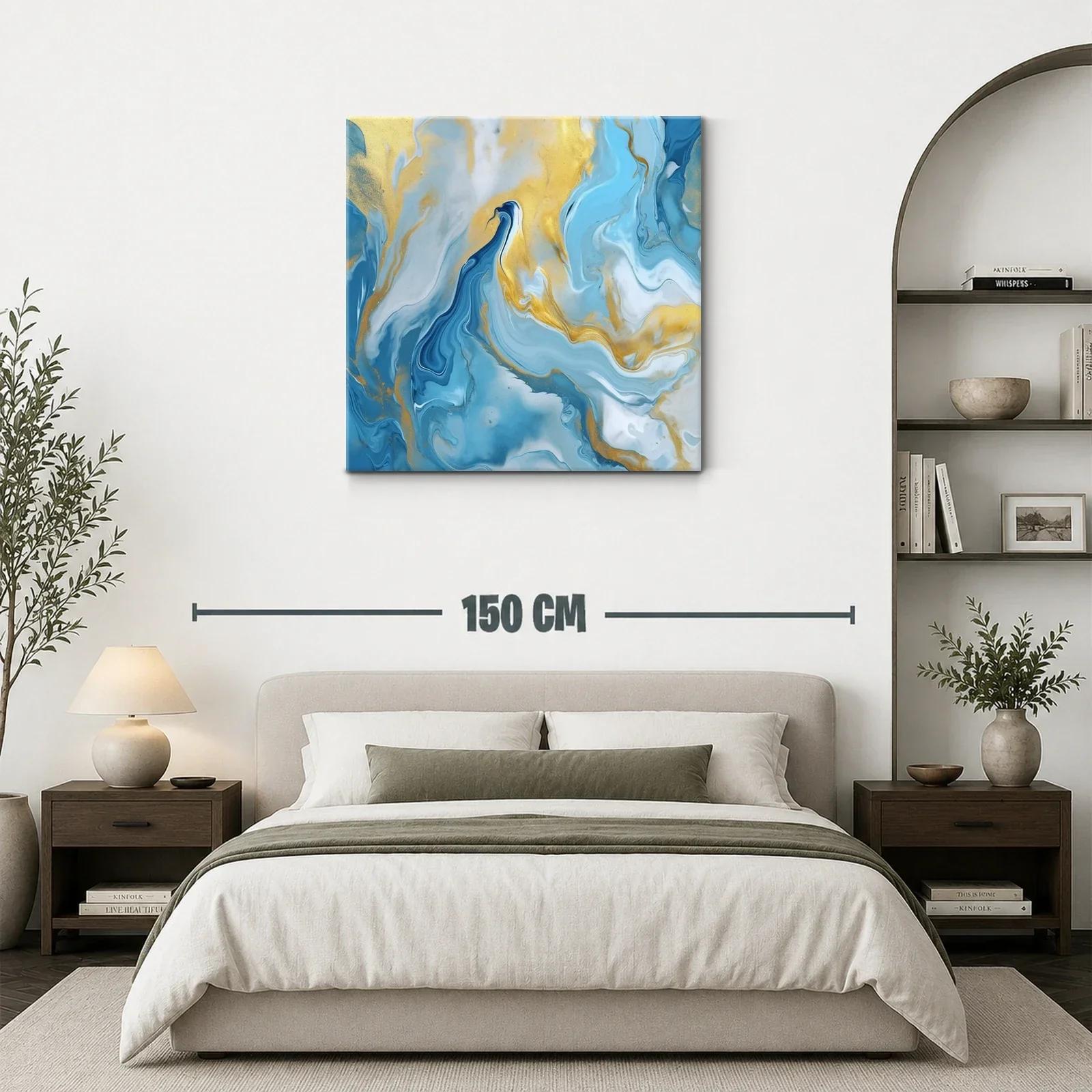 Cuadro abstracto con tonos azules y dorados vibrantes — miniatura 3
