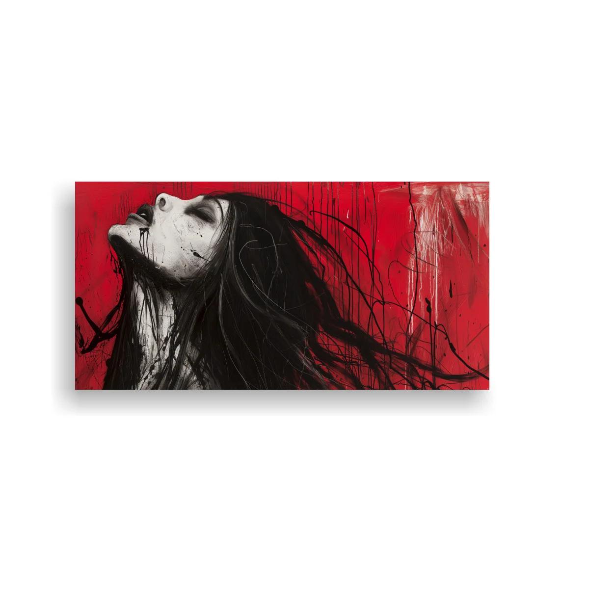 Cuadro rostro de mujer con cabello negro y fondo rojo texturizado