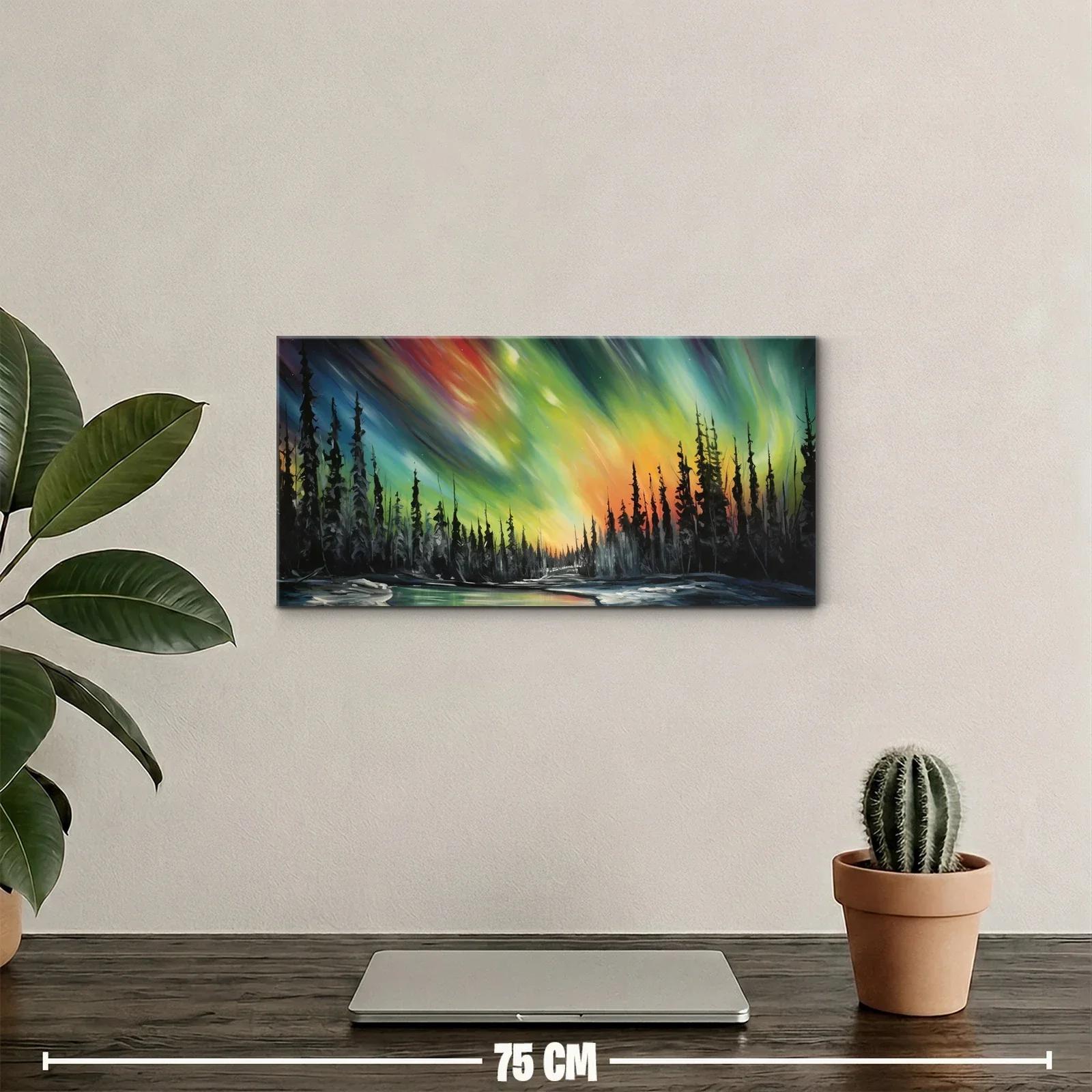 Cuadro aurora boreal sobre bosque de pinos — miniatura 2