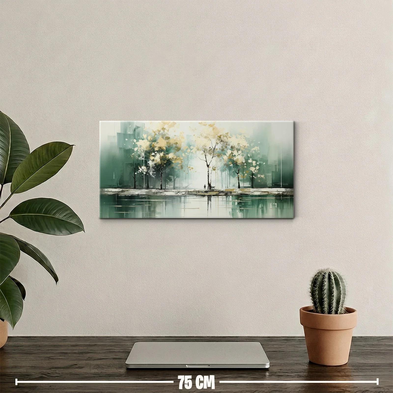Cuadro bosque de árboles con flores blancas y reflejo en el agua — miniatura 2