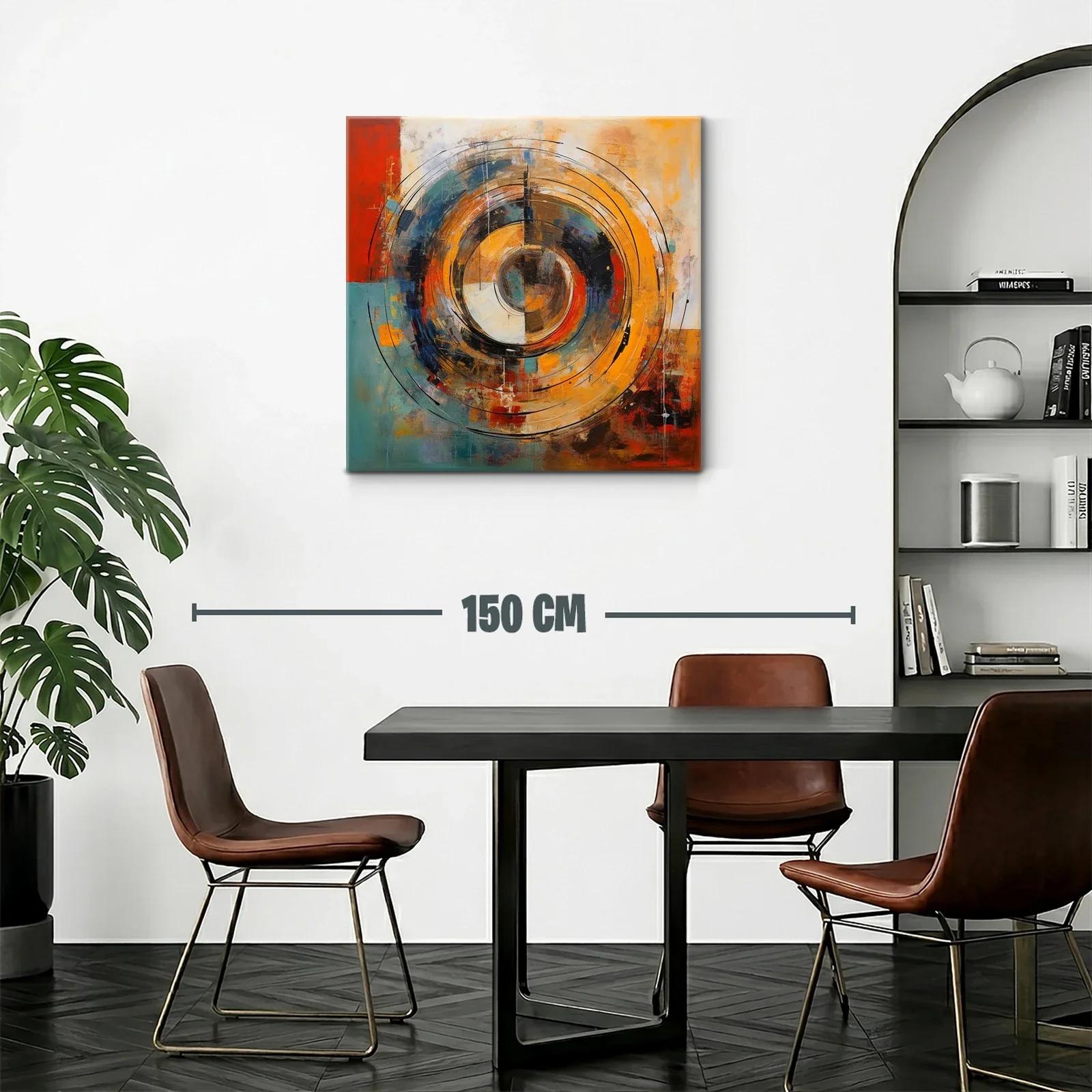 Cuadro abstracto con círculos concéntricos en tonos cálidos y fríos — miniatura 2