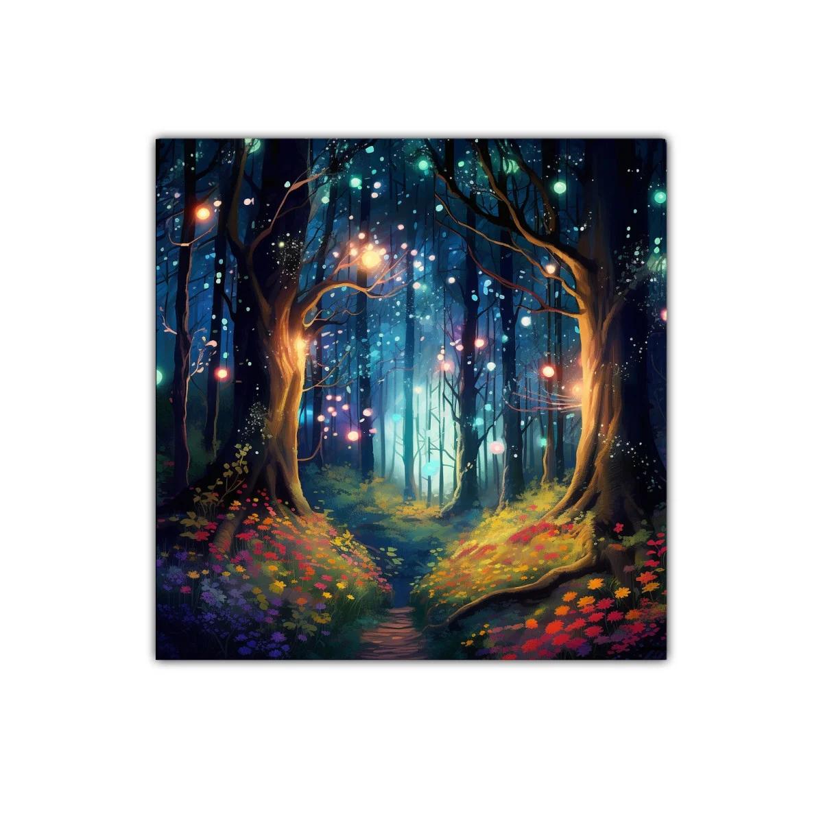 Bosque encantado con luces mágicas y flores vibrantes — imagen principal