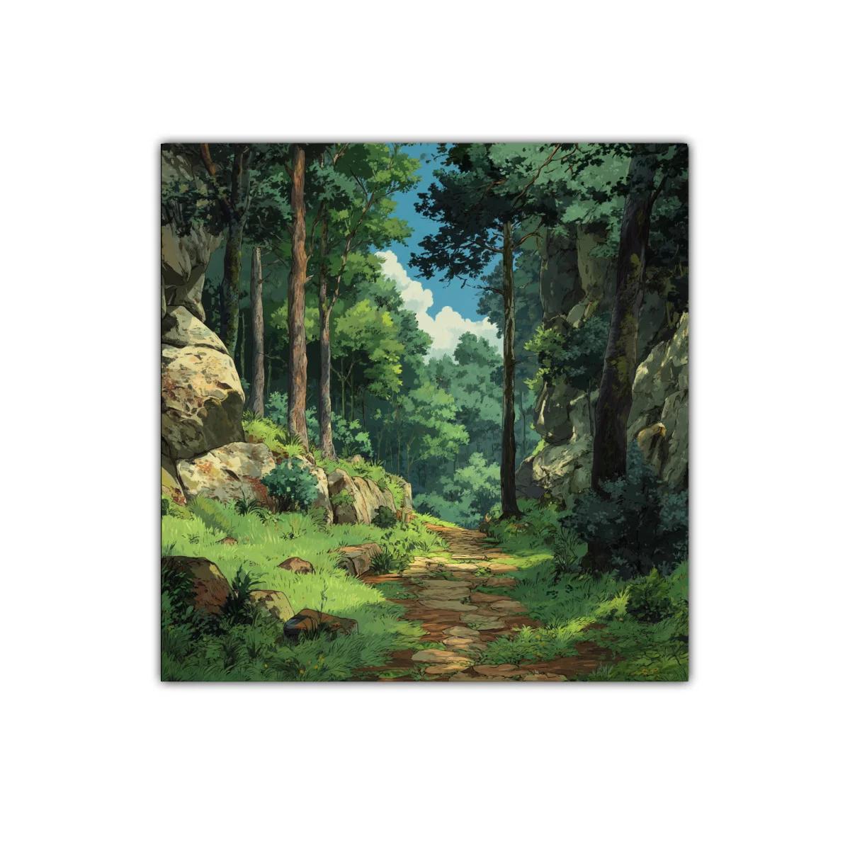 Camino entre árboles y rocas en bosque frondoso y tranquilo