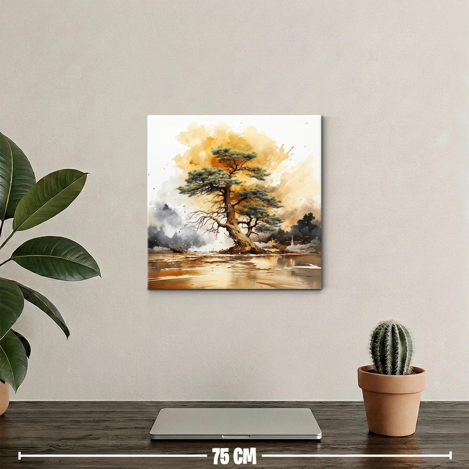 Árbol solitario sobre paisaje al atardecer dorado — miniatura 2