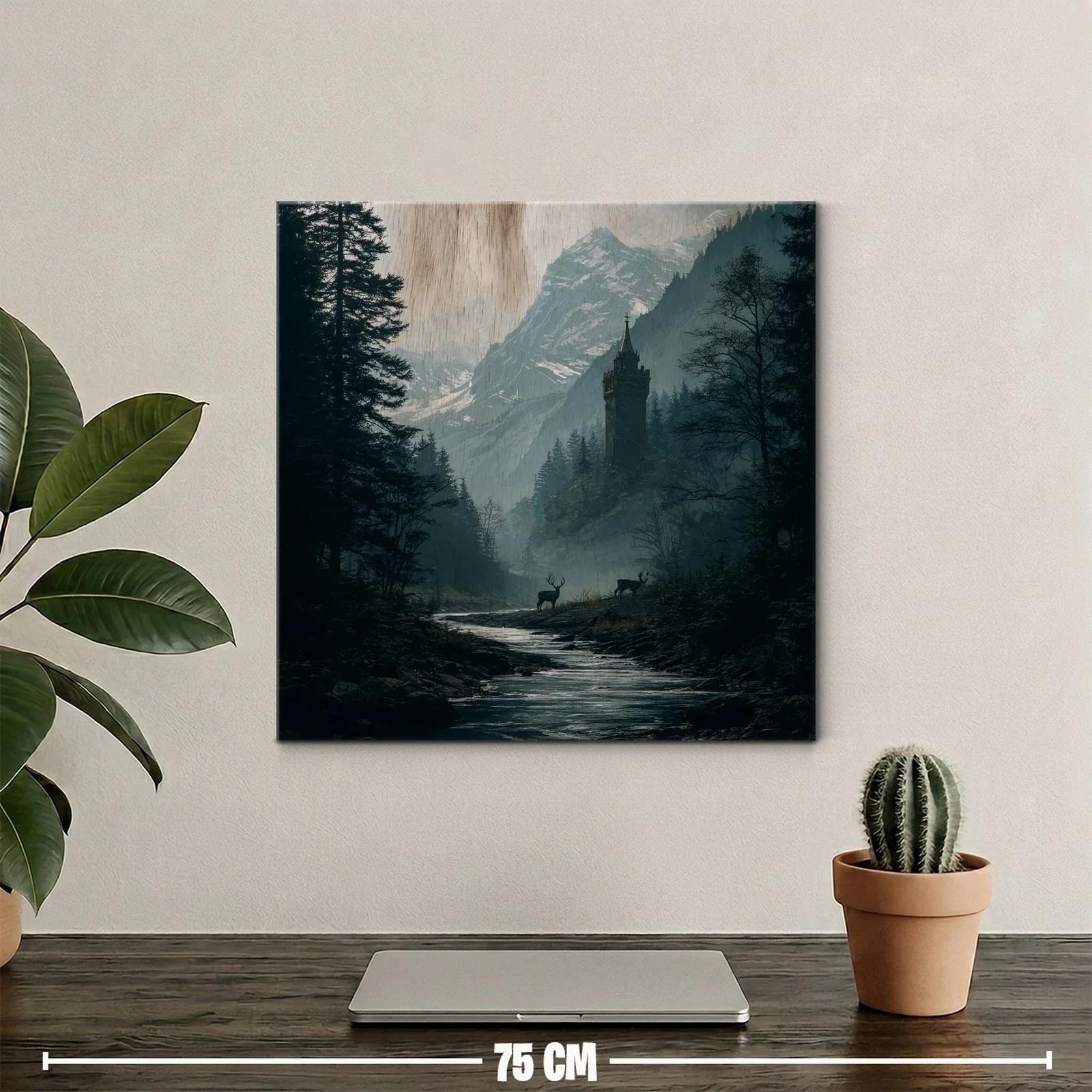 Paisaje montañoso con torre mística y ciervos al amanecer — miniatura 2