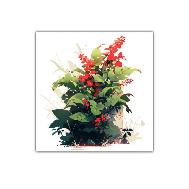 Cuadro decorativo con vibrante ramo de hojas y flores rojas