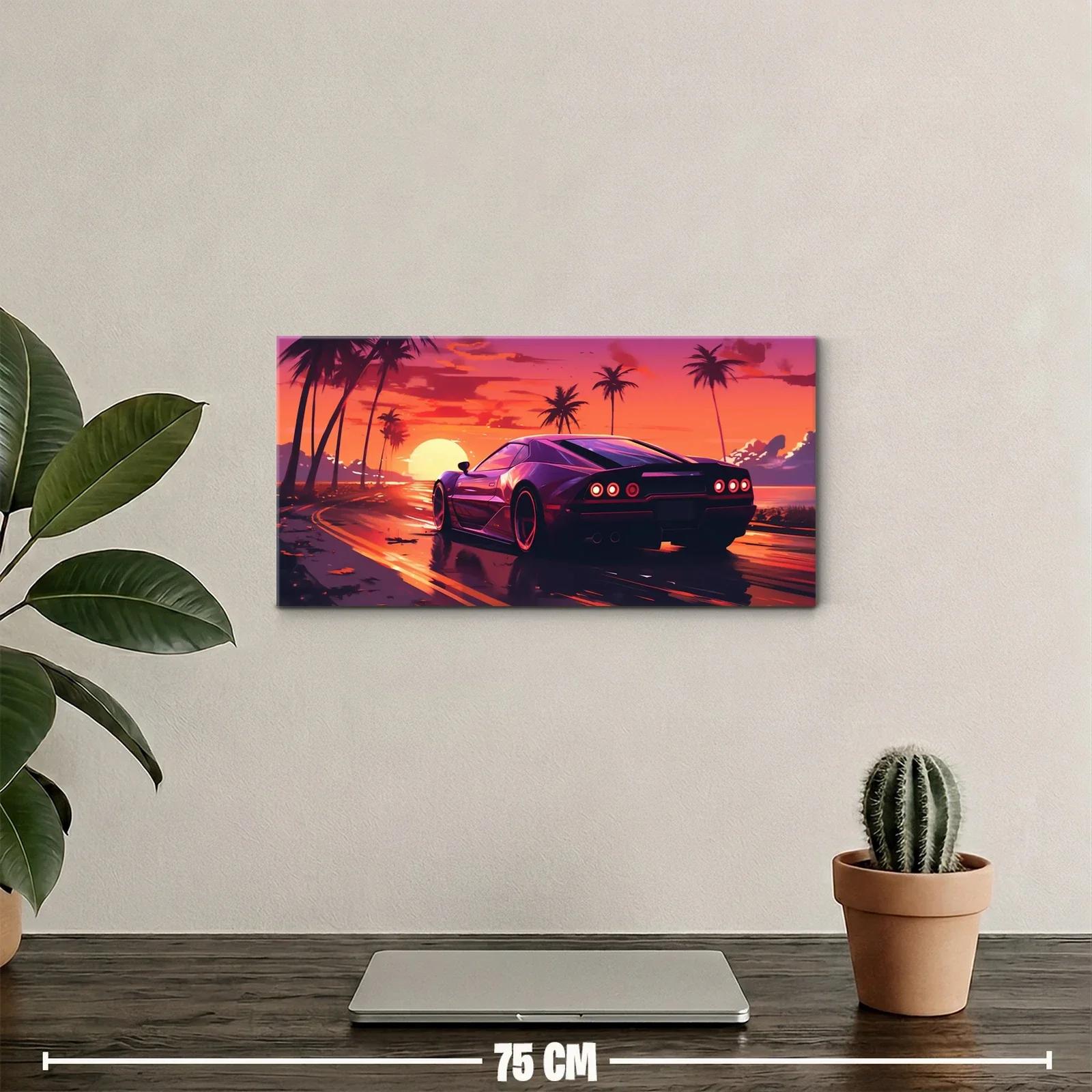 Cuadro coche deportivo negro con cielo rosa naranja y violeta — miniatura 2