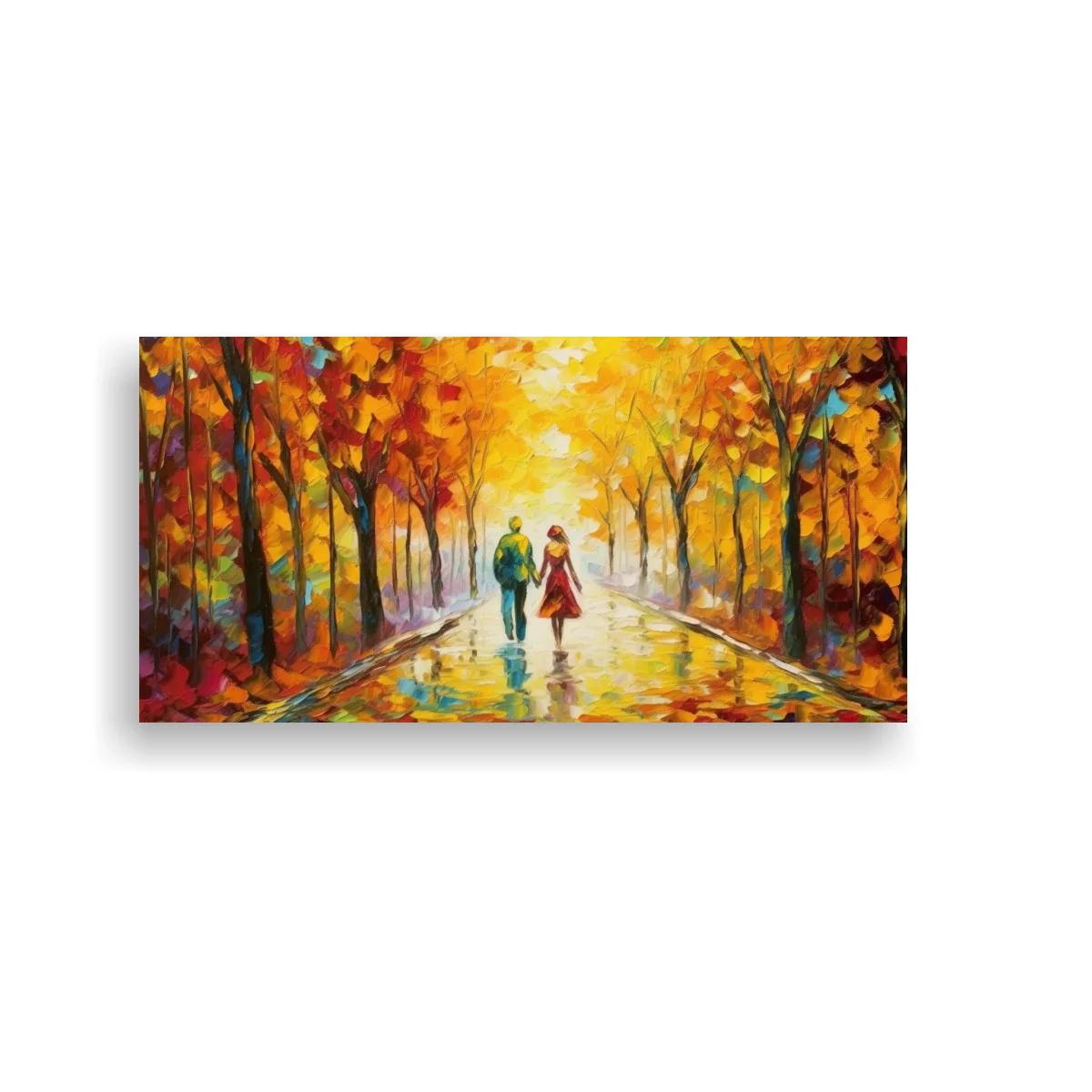 Cuadro pareja caminando por una avenida arbolada en otoño
