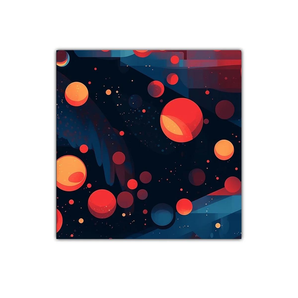 Composición abstracta en rojo y azul con esferas vibrantes