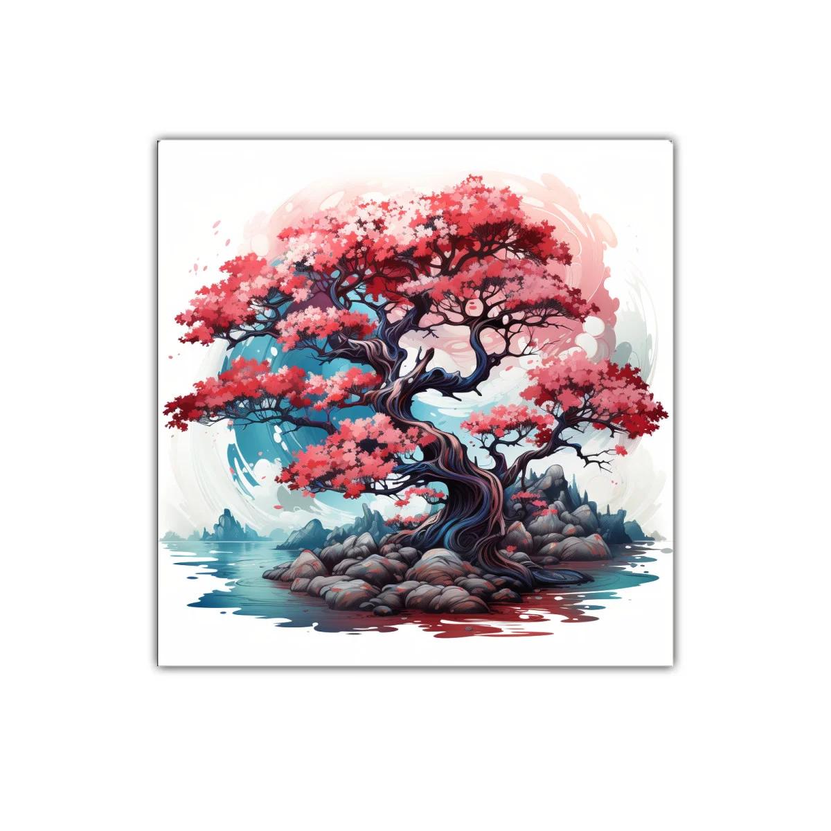 Árbol ornamental con flores rojas y fondo sereno