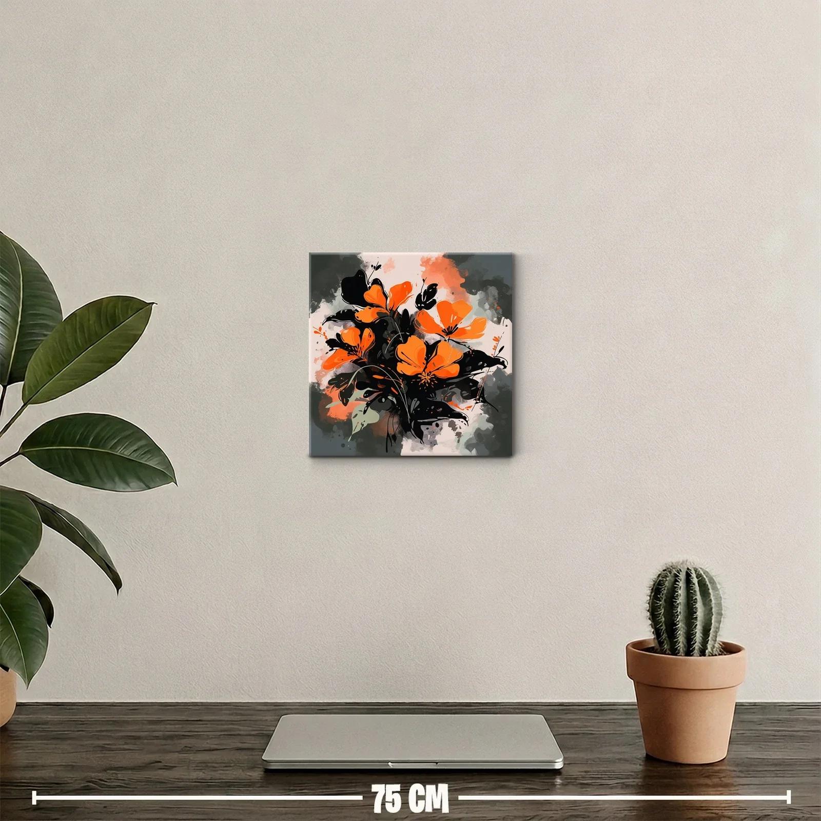 Cuadro floral vibrante con flores naranjas y hojas oscuras — miniatura 2