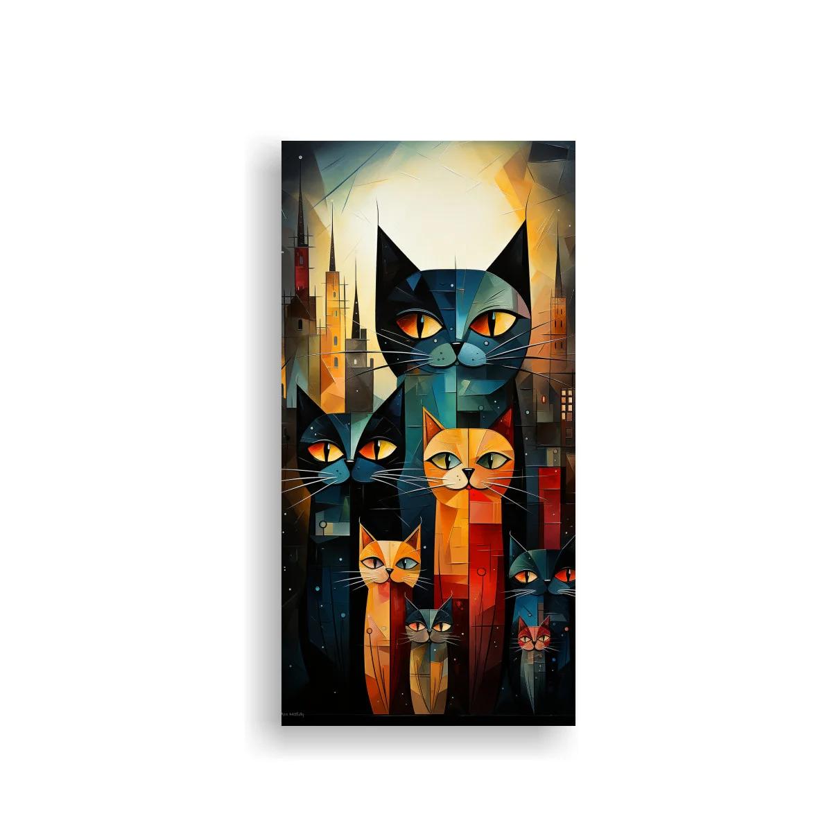 Cuadro grupo de gatos geométricos en ciudad nocturna