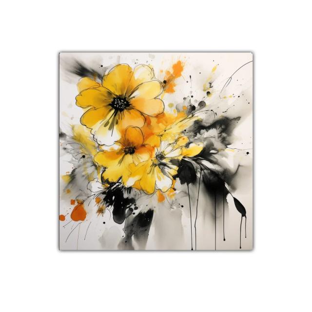 Cuadro floral expresivo en tonos amarillos y grises