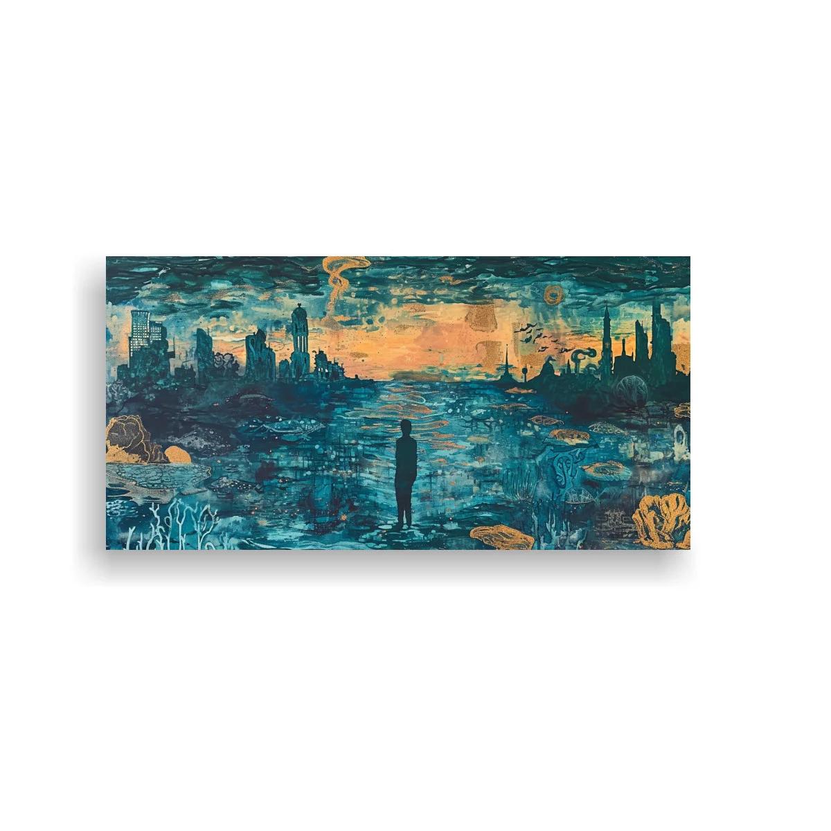 Cuadro figura humana solitaria ante skyline surrealista